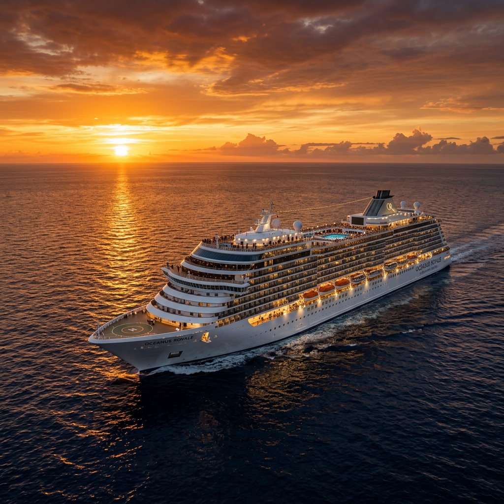 Luxury cruise ship at sunset